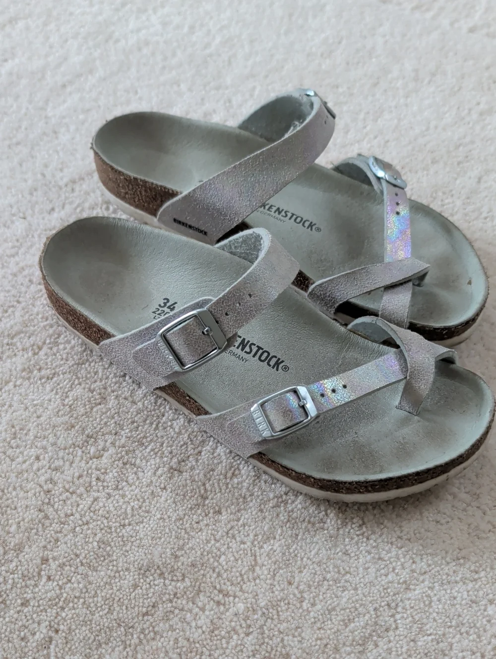 Birkenstock Iridescent Silver Two-Strap Sandals, Size 34, Girls Size 3-3.5